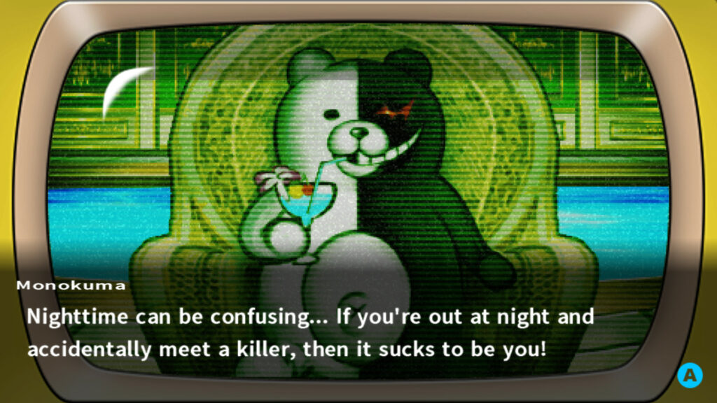 Screenshot of Monokuma, the mascot of the Danganronpa series.